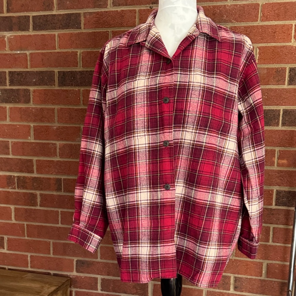 Eddie Bauer Medium Red and Off White Plaid 100% Cotton Button Down